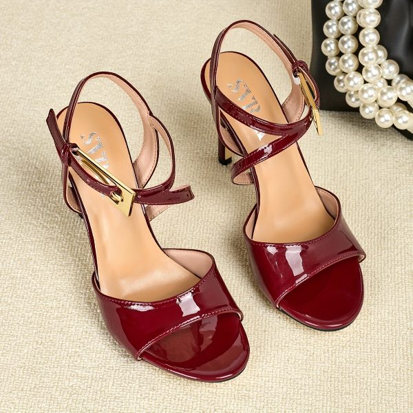 Open-Toe High-Heeled Sandals with Metallic Buckle Ankle Straps