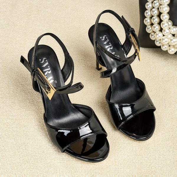 Open-Toe High-Heeled Sandals with Metallic Buckle Ankle Straps