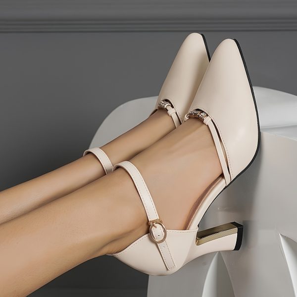 Women's Chunky Heel Hollow Single Buckle Pointed Toe High Heel Sandals, Women Shoes