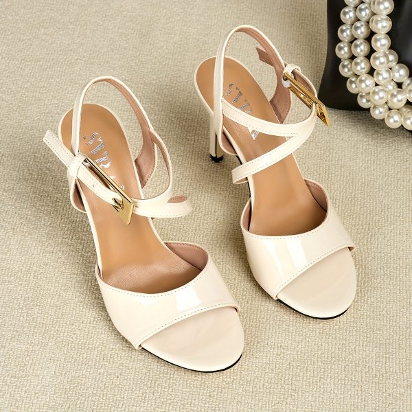 Open-Toe High-Heeled Sandals with Metallic Buckle Ankle Straps